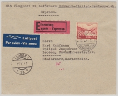 Schweiz, 1941, Mi.- Nr.: 393 als ef auf Eilboten- Luftpost- Auslandsbrief von Neunkirch nach Leoben (A)