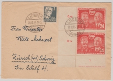 DDR, 1951, Mi.- Nrn.: 212 (c?) + 297(2x, 1x ER mit DZ) als MiF auf Auslandsbrief von Lübben nach Zürich (CH)