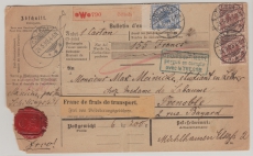DR, Krone- Adler, 1899, Mi.- Nr.: 48 + 50 (2x) als MiF auf Auslands- Wertpaketkarte für 1 Paket von Cöleda nach Grenoble (F)