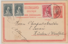Türkei, 1930, 6 Grouchi- GS + 1 Grouchi + (2x) 10 Para als Zusatzfrankatur, als Aulandspostkarte von Stamboul nach Hüsten (D)