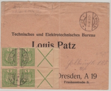 Österreich, 1918, 5 Heller (4x, + 2x Andreaskreuz, anhängend) als MeF auf Auslandsbrief von Wien nach Dresden