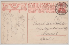 Schweiz, 1909, 10 Rp.- GS- Karte, verwendet als Auslandspostkarte von Neuchatel nach München, dekorativ!