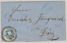 Österreich, 1862, 15 Kr. blau, als EF auf Fernbrief von Wien nach Graz