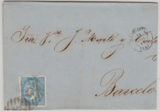 Spanien, 1867, Qutro Cuartos, als EF auf Fernbrief von Zaragoza nach Barcelona