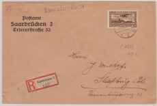 198 als EF auf Auslandseinschreiben von Saarbrücken nach Straßburg im Els., vom Postamt