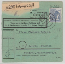 Kontrollrat 957 (80Pfg. Arbeiter) als EF (!) auf Paketkarte, von Leipzig nach Berlin- West