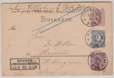DR, Pfennig, 1889, Mi.- Nr.: 40 + 42 als Zusatz auf 5 Pfg.- GS, als Eilboten- Postkarte von Schwelm nach Barmen