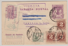 Spanien, 1938, 15 Ct.- GS- Karte + 16 Cts / Cms Zusatzfrankatur, als Auslandspostkarte von Vitoria nach Trebbin
