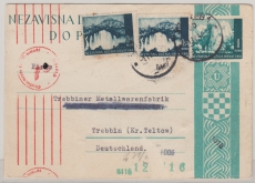 Kroatien, 1942, 1 Kuna- GS- Karte + 2x 0,5 Kuna Zusatzfrankatur, als Auslandskarte von Zagreb nach Trebbin (D)