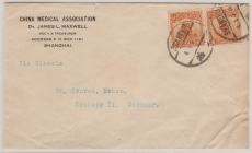 China, ca. 1920, Mi.- Nr.: 149 (2x) als MeF auf Auslandsbrief von Shanghai nach Hamburg