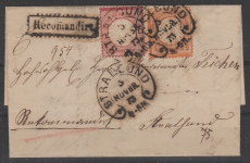DR- Brustschilder + Hufeisenstempel, 1873, Mi.- Nrn.: 18 + 19 als MiF auf Orts- Einschreiben, innerhalb von Stralsund!