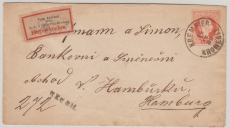 Österreich- Ung., Kaiserreich, 1890, 5 Kr. GS- Umschlag, gebraucht als Auslands- Einschreiben von Kremsier nach Hamburg