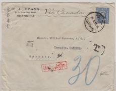 China, 1933, 25 Fen (?) EF auf Auslandsbrief ( via Canada)von Shanhai nach Chemnitz, mit Nachgebühr belegt!