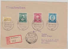 FRZ / Württemberg, 1949, Mi.- Nrn.: 44- 46 (kpl. Satz!) in netter MiF auf Einschreiben- Fernbrief von Reutlingen nach Mulsum