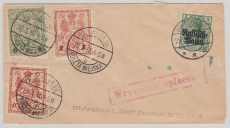 Dt. Bes. Polen Nr.: 2, + Stadtpost Warschau Nrn.: 2, 7+ 8, in MiF auf Brief innerhalb Warschaus, 1915