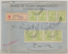 Rumänien, 1912, 5 Bani (11x, 8 vs. + 3 rs.) in MeF auf Einschreiben- Fernbrief von R.- Valecea nach Craiova