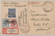 Berlin, 1948, Mi.- Nr.: SBZ 186 + 195 A + Kontrollrat 935, als EF, auf eingeschriebener Ortskarte innerhalb Berlin´s