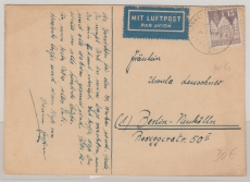 Bizone, 1950, Mi.- Nr.: 82 wg als EF auf Luftpost- Fernpostkarte von Lautrach nach Berlin