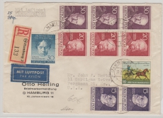 Berlin (in BRD verwendet), 1953, Mi.- Nrn.: 96 (2x), 97 (3x), 99 (3x) u.a. in MiF auf R- Lupo- Auslandsbrief nach Ferguson (USA)