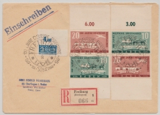 FRZ / Baden, 1949, Mi.- Nrn.: 54 + 55 (je 2x, je 1x vom OR+ Ur) als MiF auf E.- Fernbrief von Freiburg nach Eberfingen