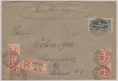 Oberschlesien, 16 (4x) + 22 auf Einschreiben- Fernbrief von Kattowitz nach Hannover