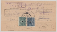 Dt. Bes. II. WK., GG, 1944, Mi.- Nrn.: D26 + D36 in MiF auf Rückschein eines Einschreibens(?) von Grodzki w Radomiu