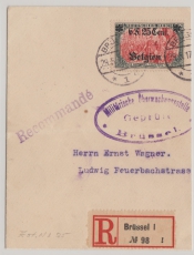 Dt. Bes. Belgien, 1917, Mi.- Nr.: 25 I in EF (?) auf gr. Briefstück, (ex) E.- Brief von Brüssel nach Nürnberg, vs. mit Zensur!