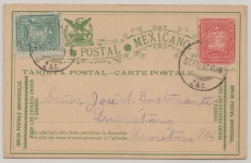 Mexiko, 1897, 2 Centavos- GS + 1 CT. Zusatzfrankatur als Fernpostkarte von Zacatecas Seba nach Lucretaro (?)