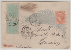Brasilien, 1891, 10 Rs.- Karten- GS + 20 Rs. (2x) Zusatzfrankatur, als Auslandskarte von Estacacoaluz nach Hamburg