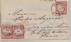 DR, Brustschilder, 1874, Mi.- Nr.: 19 (3x), als MeF auf Auslandsbrief von Aachen nach Bogny-sur- Meuse (Fr.), Befund BPP