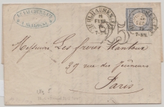 Brustschilder, 1872, Mi.- Nr.: 5 als EF als Auslandsbrief (+ Nachporto!) von Mülhausen i. Els. (guter Hufeisenstempel!) nach Paris