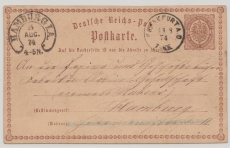 Brustschilder, 1874, 1/2 Gr.- GS (Mi.- Nr.: P1) als Fernpostkarte von Frankfurt a. O. nach Hamburg (Hufeisenstempel)