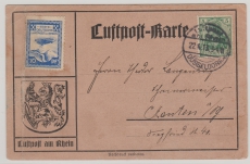 DR, 1913, Mi.- Nr.: 85 I + Flugpostmarke Nr. 9, als MiF auf Flugpostkarte per erste Dt. Luftpost am Rhein nach Xanten