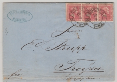 Preußen, 1862, Mi.- Nr.: 10 (3x, im 3er- Streifen) als MeF auf Fernbrief von Magdeburg nach Treisa