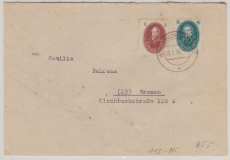 DDR, 1950, Mi.- Nr.: 263 + 267 in MiF auf Fernbrief von Neusalza nach Bremen