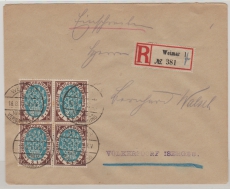 DR, Infla, 1919, Mi.- Nr.: 108 (4x) als MeF auf Einschreiben- Fernbrief von Weimar (=> Sonderstempel) nach Volkersdorf