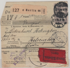 DR, Germania, 1920, Mi.- Nr.: 96 II (8x vs. + rs.) auf Eilboten- Auslands- Paketkartenstammteil von Berlin nach Helsingborg (Schweden)