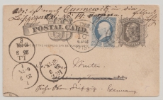 USA, 1885 (?), 1 Ct. Gs. + 1 Ct. Zusatzfrankatur als Auslandspostkarte von Madison nach Leipzig