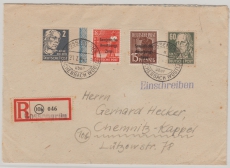 SBZ, Allgem Ausg., 1949, Mi.- Nr.: 212 mit RL, u.a. in MiF auf Einschreiben- Fernbrief, von Cossengrün nach Chemnitz