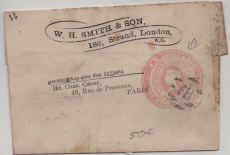 GB, ca. 1870, 1 p. Auslandsstreifband, von London nach Paris, mit um die Marke laufender Werbung in Markenfarbe!