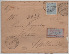 Portugal, 1894, 50 Rs. GS- Umschlag + 50 Rs. Zusatzfrankatur, gelaufen als R.- Auslandsbrief von Cantareia Stratum (NL)
