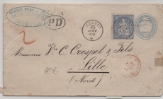 Schweiz, 1869, 10 Rp. GS- Umschlag + 30 Rp. Zusatzfrankatur, gelaufen als Auslandsbrief von Couvet nach Lille (Fr.)