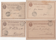 Schweiz, 1874 /75, (4x) 5 Rp.- GS- Karten, je mit Bahnpost- Abstempelungen (Bern- Romanshorn) nach Zürich