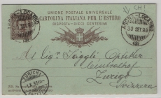 Italien, 1898, 10 Ct.- Antwort- GS- Karte (A.- Teil) gelaufen mit Schweizer Bahnpost (!) nach Zürich!