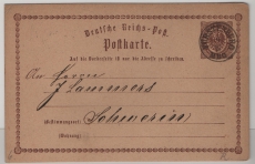DR / Nachverw. AD- Stempel / MS, 1873, 1/2 Gr.-GS als Fernpostkarte von Fürstenberg (AD- Stempel / MS) nach Schwerin