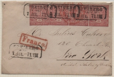 NDP, ca. 1868, Mi.- Nr.: 16 (4x) als MeF auf Übersee- Auslandsbrief von Freiberg (Alt- Sachsen- Stempel) nach New York (USA)