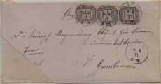 NDP, 1871, Mi.- Nr.: D 2 (3x, im horizontalen 3-er- Streifen) als MeF auf Dienst- Fernbrief von Lyck (Alt- Preußen- stempel) nach Gumbinnen