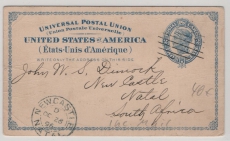 Natal, incomming Mail / USA, 1896, 2 Ct- GS- Karte, gelaufen von Toledo (Ohio) nach New Castle (Natal) seltene Destination!