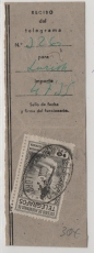 Spanien, 1952, Aufgabe- Bescheinigungs- Abschnitt für ein Telegram, mit Marke von Palma de Mallorca nach L...