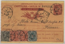 Italien, 1893, 10 Ct.- Postzahlkarten- GS- Stammteil + 90 Ct. Zusatzfrankatur für 1 Betrag von Spoleto nach Firenze